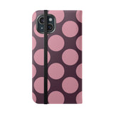 Etui-portfel z wegańskiej skóry na iPhone 15 Plus – wzór Pink Plum Polka Dot