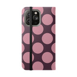 Etui do iPhone'a 14 Pro Max z wegańskiej skóry z portfelem – wzór Polka Dot w kolorze różowej śliwki