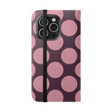 Etui-portfel z wegańskiej skóry na iPhone 15 Pro – wzór Pink Plum Polka Dot