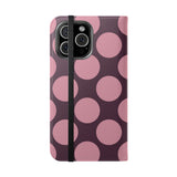 Etui-portfel z wegańskiej skóry na iPhone 16 Pro Max – wzór Pink Plum Polka Dot