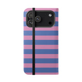 Etui-portfel z wegańskiej skóry do iPhone’a 17 Pro Max – wzór w paski Periwinkle Dream