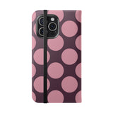 Etui-portfel z wegańskiej skóry na iPhone 15 Pro Max – wzór Pink Plum Polka Dot