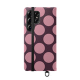 Etui-portfel z wegańskiej skóry do Samsung Galaxy S25 Ultra – wzór Polka Dot w kolorze różowo-śliwkowym