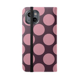 Etui-portfel z wegańskiej skóry na iPhone 14 – wzór Pink Plum Polka Dot