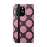 Etui do iPhone'a 14 Pro z wegańskiej skóry z portfelem – wzór Polka Dot w kolorze różowej śliwki