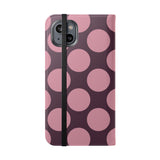 Etui-portfel z wegańskiej skóry do iPhone 14 Plus – wzór Polka Dot w kolorze różowo-śliwkowym