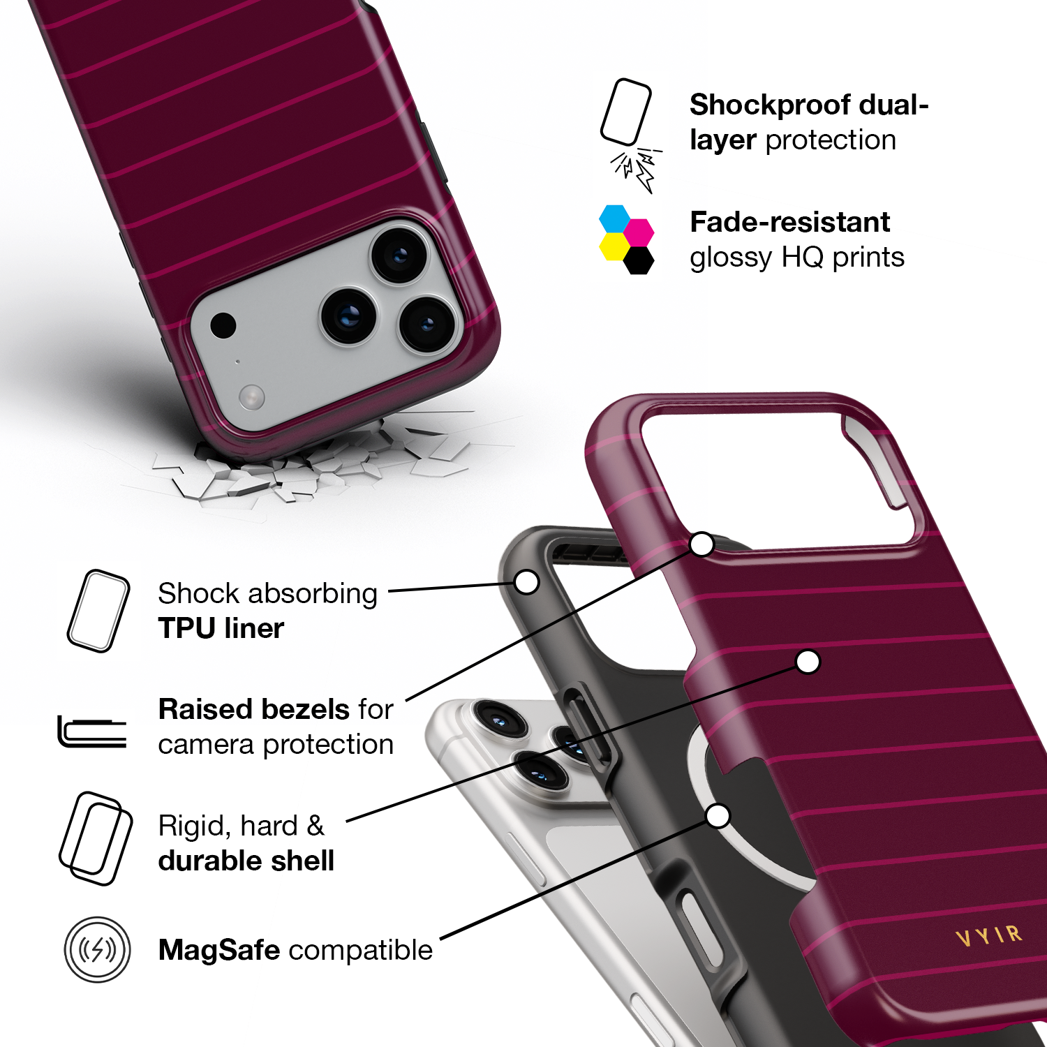 Horizontal Stripes, Merlot - Shockproof MagSafe iPhone Case - VYIR