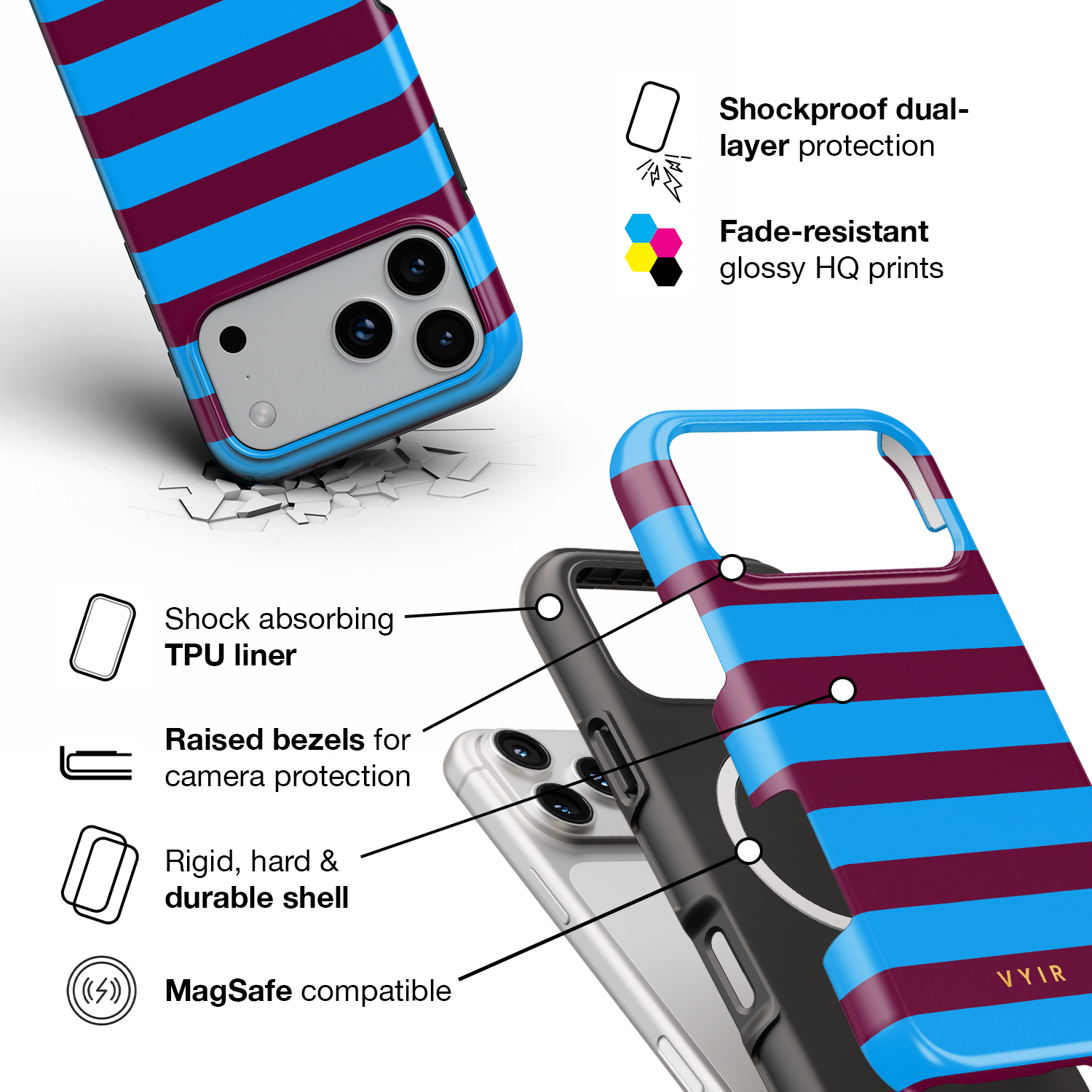 Horizontal Stripes, Track Blue - Shockproof MagSafe iPhone Case - VYIR