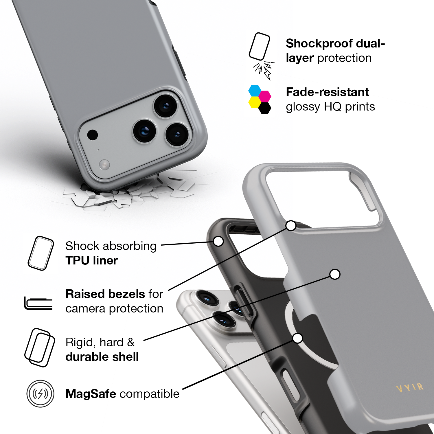VYIR Signature Solid Colors, Grey - Shockproof MagSafe iPhone Case - VYIR