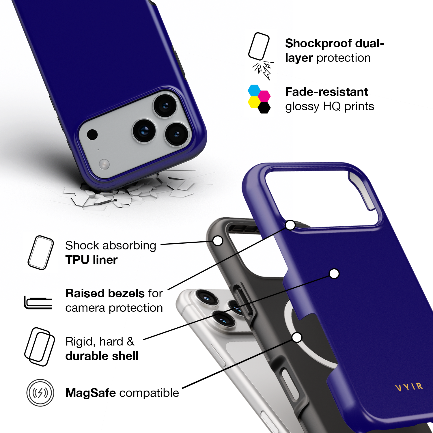 VYIR Signature Solid Colors, Navy Blue - Shockproof MagSafe iPhone Case - VYIR