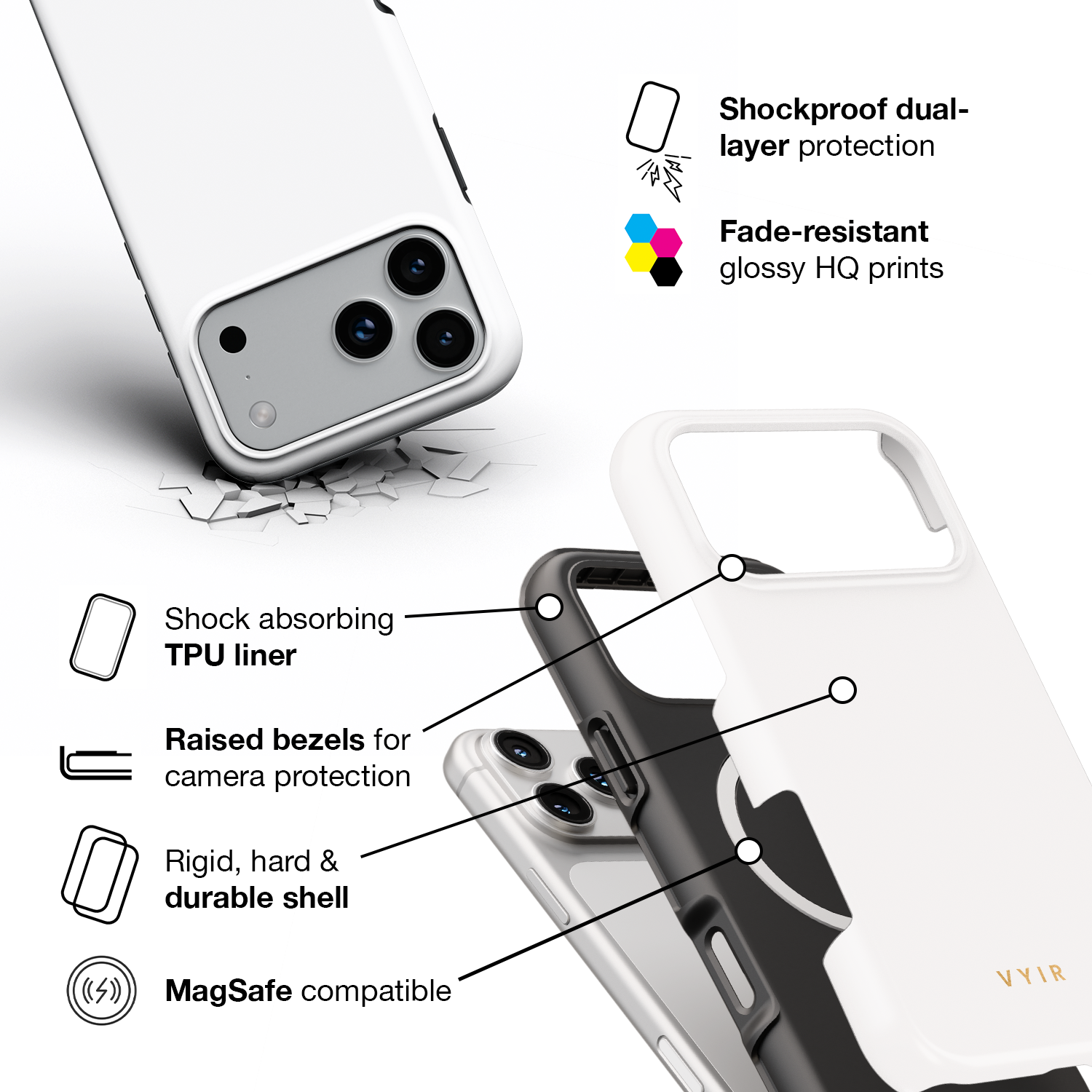 VYIR Signature Solid Colors, White - Shockproof MagSafe iPhone Case - VYIR