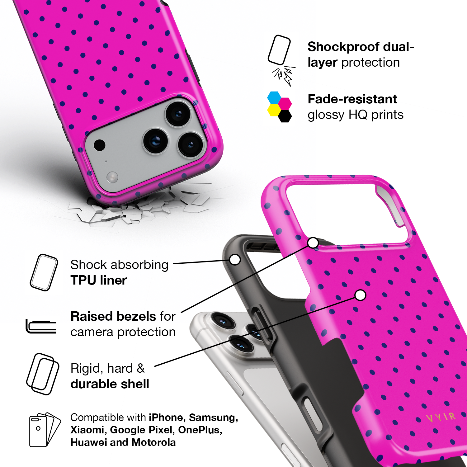 Tiny Polka Dots, Deep Pink - Shockproof Phone Case - VYIR