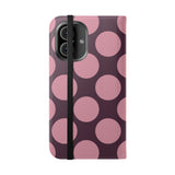 Etui-portfel z wegańskiej skóry na iPhone 16 – wzór Pink Plum Polka Dot